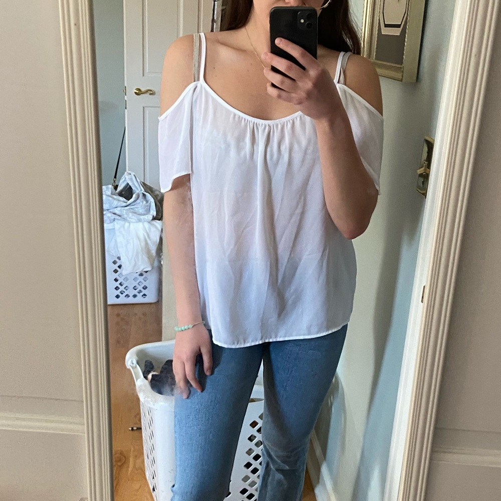 White sheer open shoulder blouse